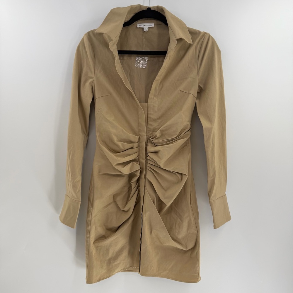 Grey Lab Los Angeles Ruched Shirt Dress Small Camel Tan Collared Stretch